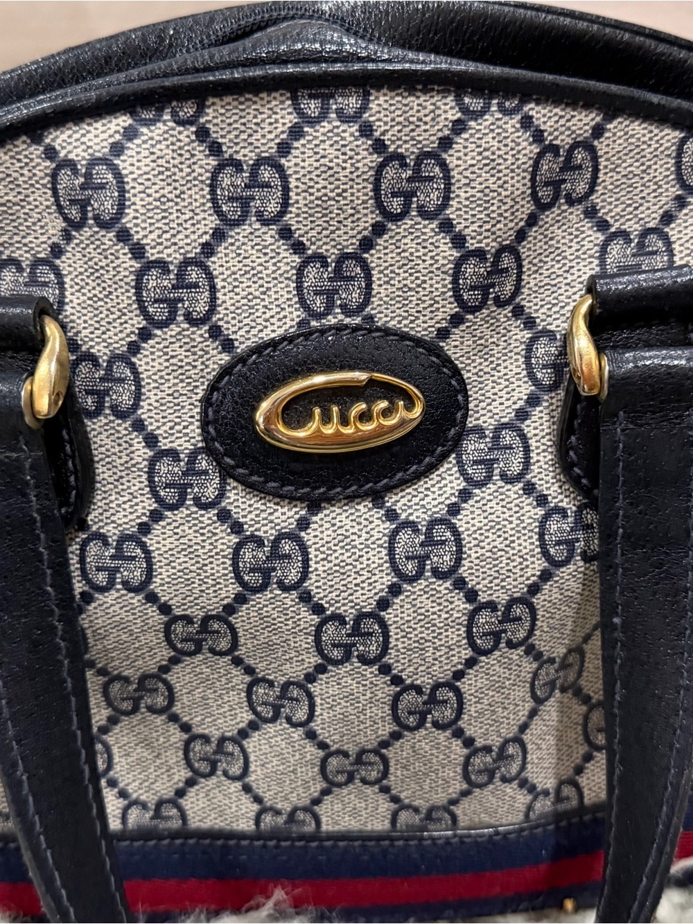 Gucci Beige GG Canvas Tote with Black Trim and Red Stripe